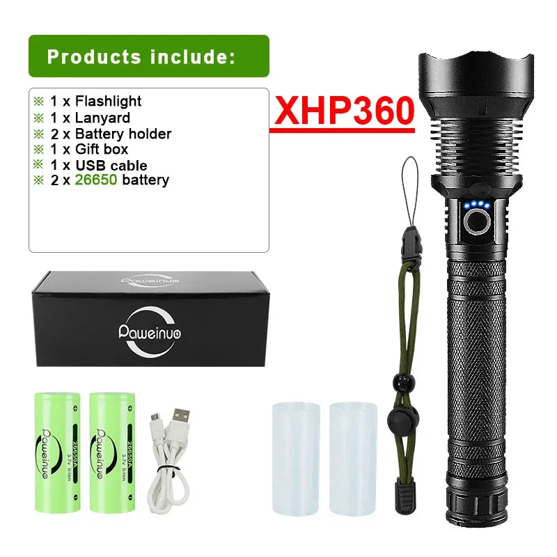 3800LM XHP360 LED Rechargeable Flashlight 18650 USB High Power LED Flashlight Zoom Torch IPX5 Tactical Lantern Camping Hand Lamp