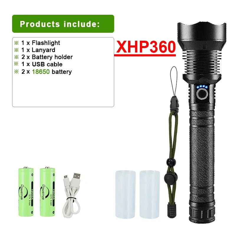 3800LM XHP360 LED Rechargeable Flashlight 18650 USB High Power LED Flashlight Zoom Torch IPX5 Tactical Lantern Camping Hand Lamp