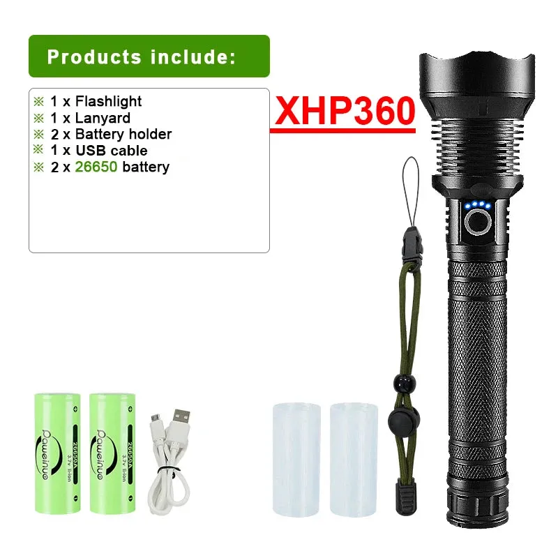 3800LM XHP360 LED Rechargeable Flashlight 18650 USB High Power LED Flashlight Zoom Torch IPX5 Tactical Lantern Camping Hand Lamp