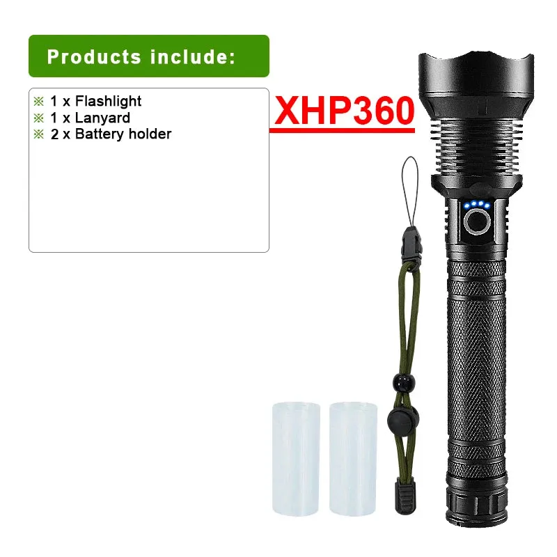 3800LM XHP360 LED Rechargeable Flashlight 18650 USB High Power LED Flashlight Zoom Torch IPX5 Tactical Lantern Camping Hand Lamp