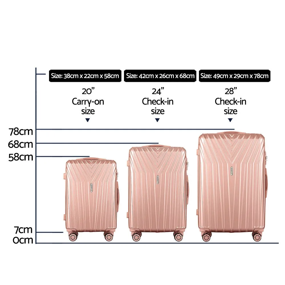 3pc Luggage Trolley Suitcase Sets | 20'' 24'' 28'' | Travel Hard Case | Lightweight Pink