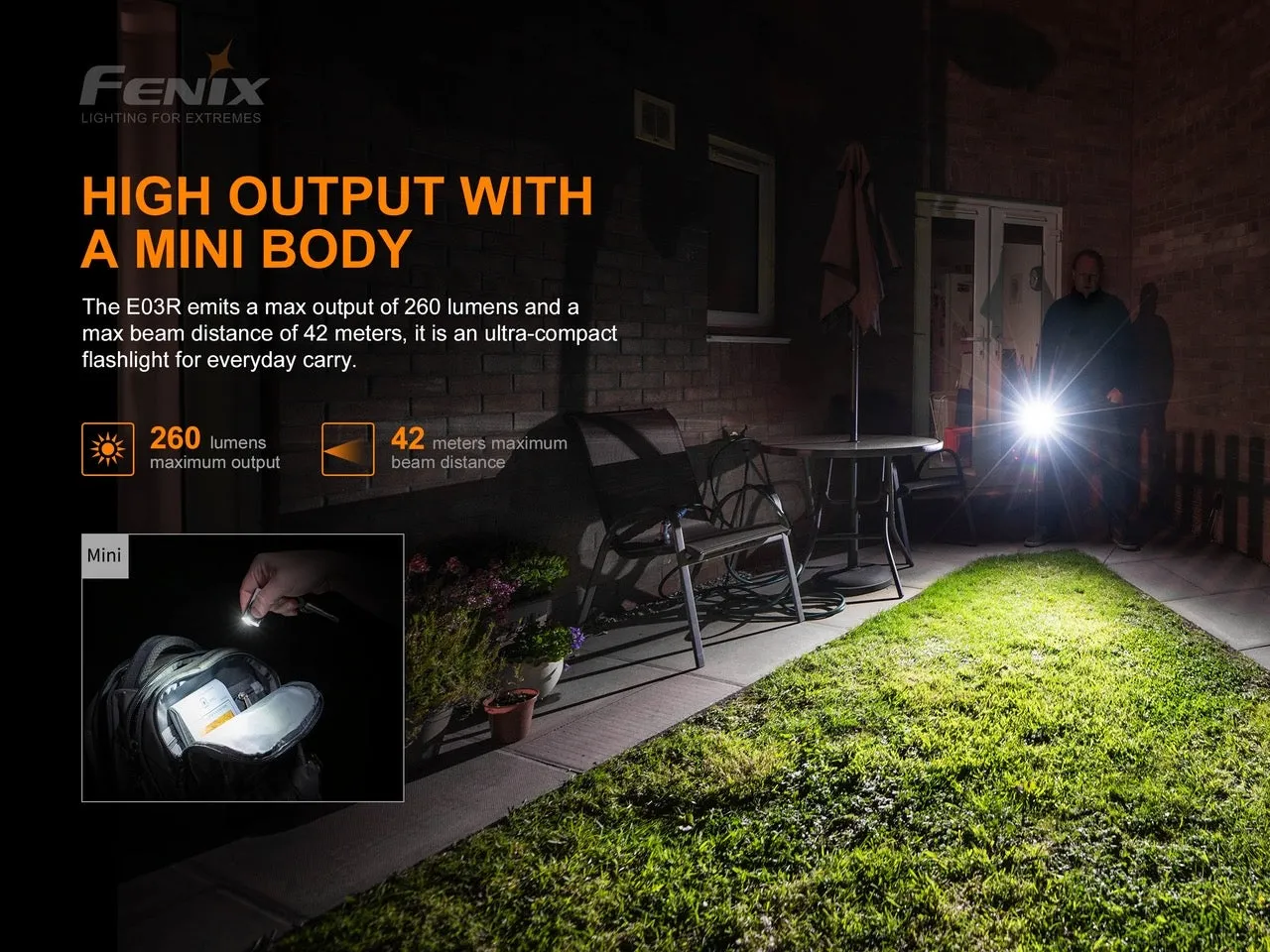 Fenix E03R 260 Lumen Type-C Rechargeable Keychain Flashlight MATCH CA18 LED w/ Red Light
