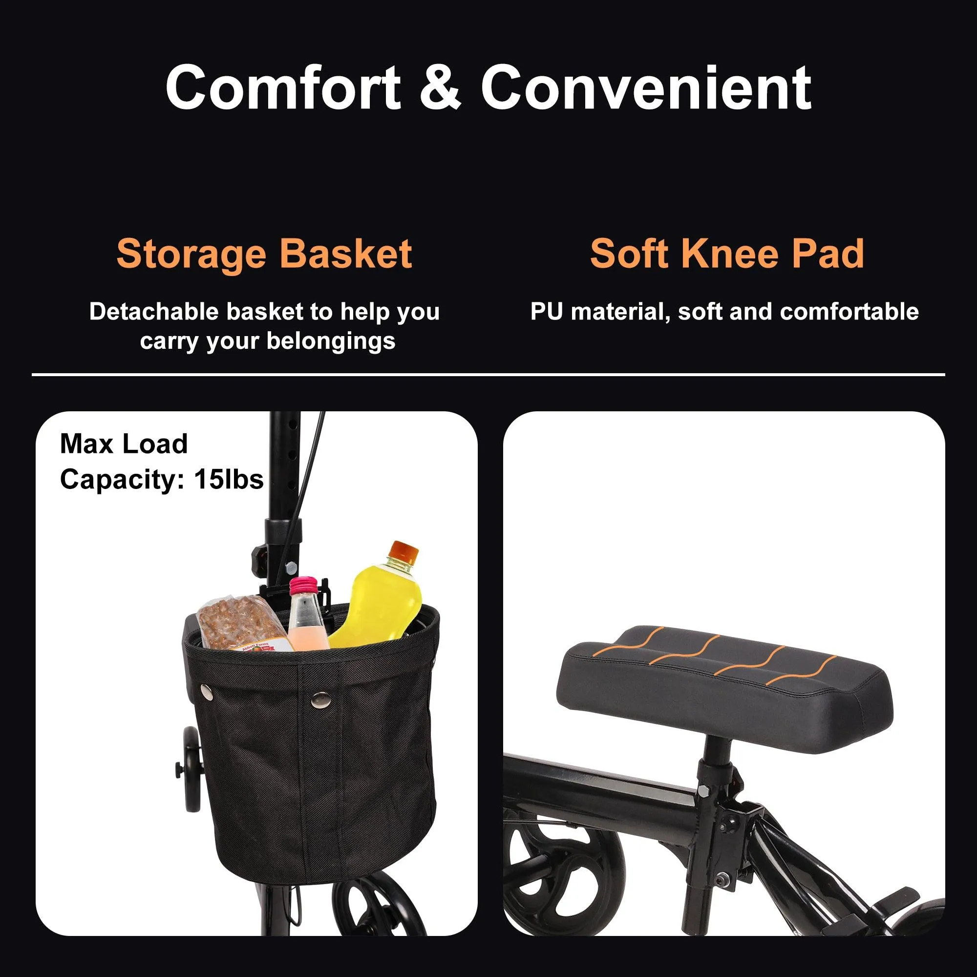 Foldable Knee Walker Adjustable Steerable Knee Scooter Suitable with Foot/Ankle Injuries, Black