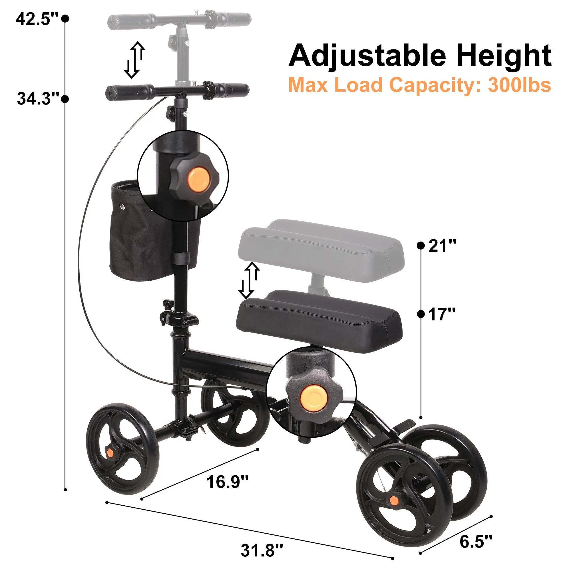 Foldable Knee Walker Adjustable Steerable Knee Scooter Suitable with Foot/Ankle Injuries, Black