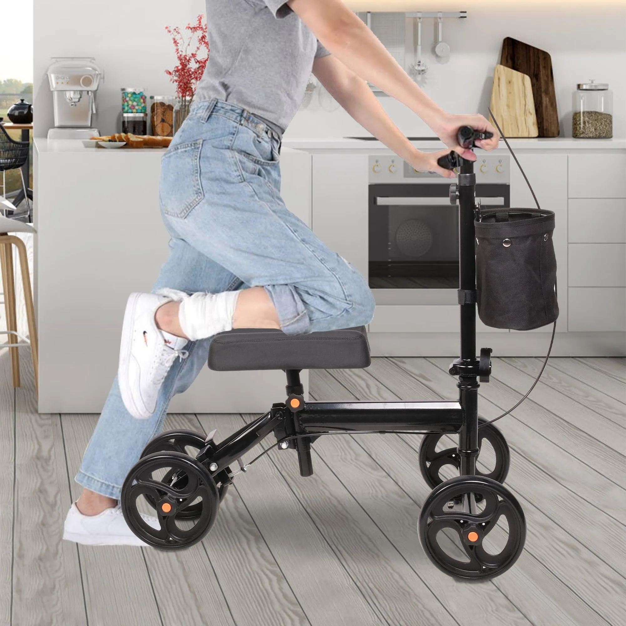 Foldable Knee Walker Adjustable Steerable Knee Scooter Suitable with Foot/Ankle Injuries, Black