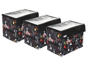 Heart Home Disney Minnie Storage Box|Non-Woven Foldable Large Storage Organizer for Toys|Cloths with Transparent Lid & Handle|Pack of 3 (Black)
