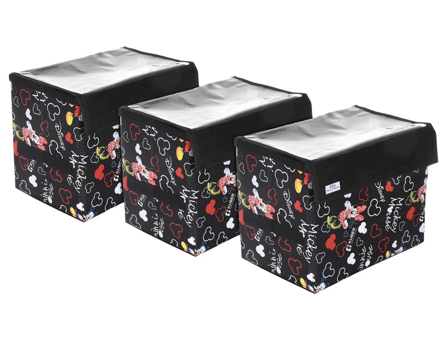 Heart Home Disney Minnie Storage Box|Non-Woven Foldable Large Storage Organizer for Toys|Cloths with Transparent Lid & Handle|Pack of 3 (Black)