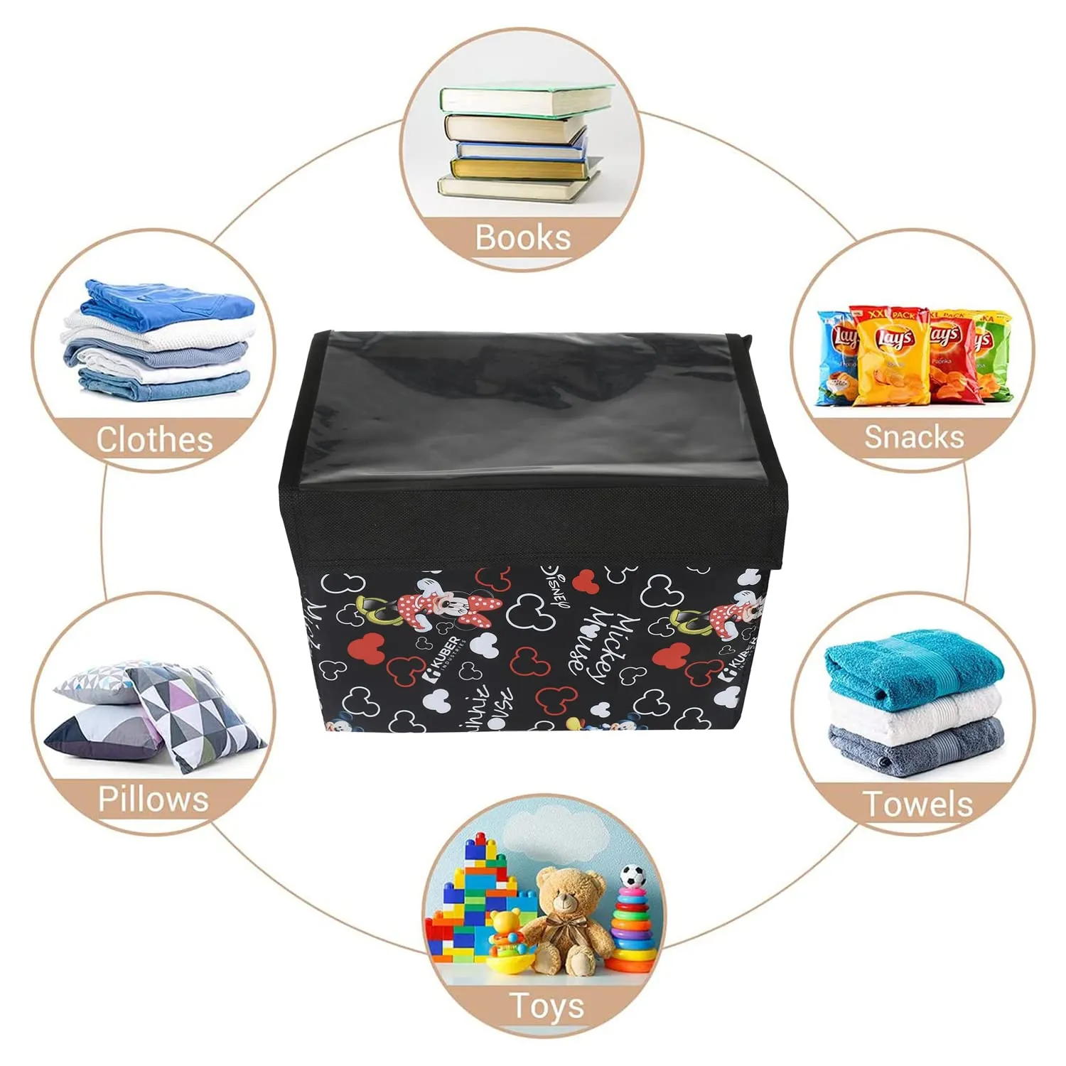 Heart Home Disney Minnie Storage Box|Non-Woven Foldable Small Storage Organizer for Toys|Cloths with Transparent Lid & Handle|Pack of 2 (Black)