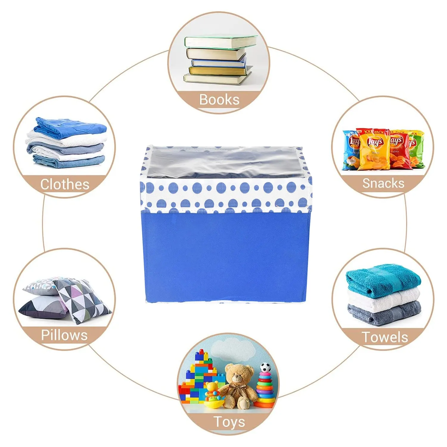 Heart Home Storage Box|Non-Woven Dot Print Foldable Storage Box|Large Wardrobe Organizer for Toys|Cloths with Transparent Lid & Handle|Pack of 3 (Blue)