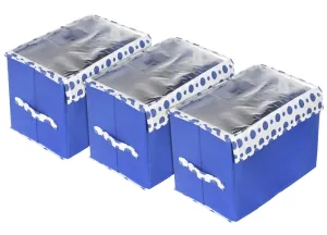 Heart Home Storage Box|Non-Woven Dot Print Foldable Storage Box|Large Wardrobe Organizer for Toys|Cloths with Transparent Lid & Handle|Pack of 3 (Blue)