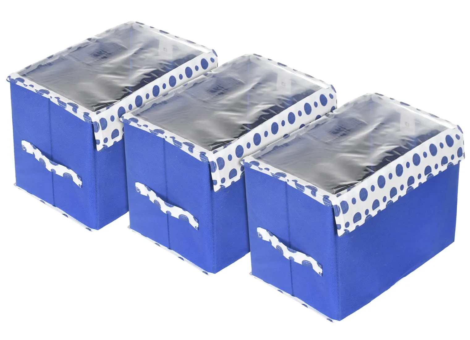 Heart Home Storage Box|Non-Woven Dot Print Foldable Storage Box|Large Wardrobe Organizer for Toys|Cloths with Transparent Lid & Handle|Pack of 3 (Blue)