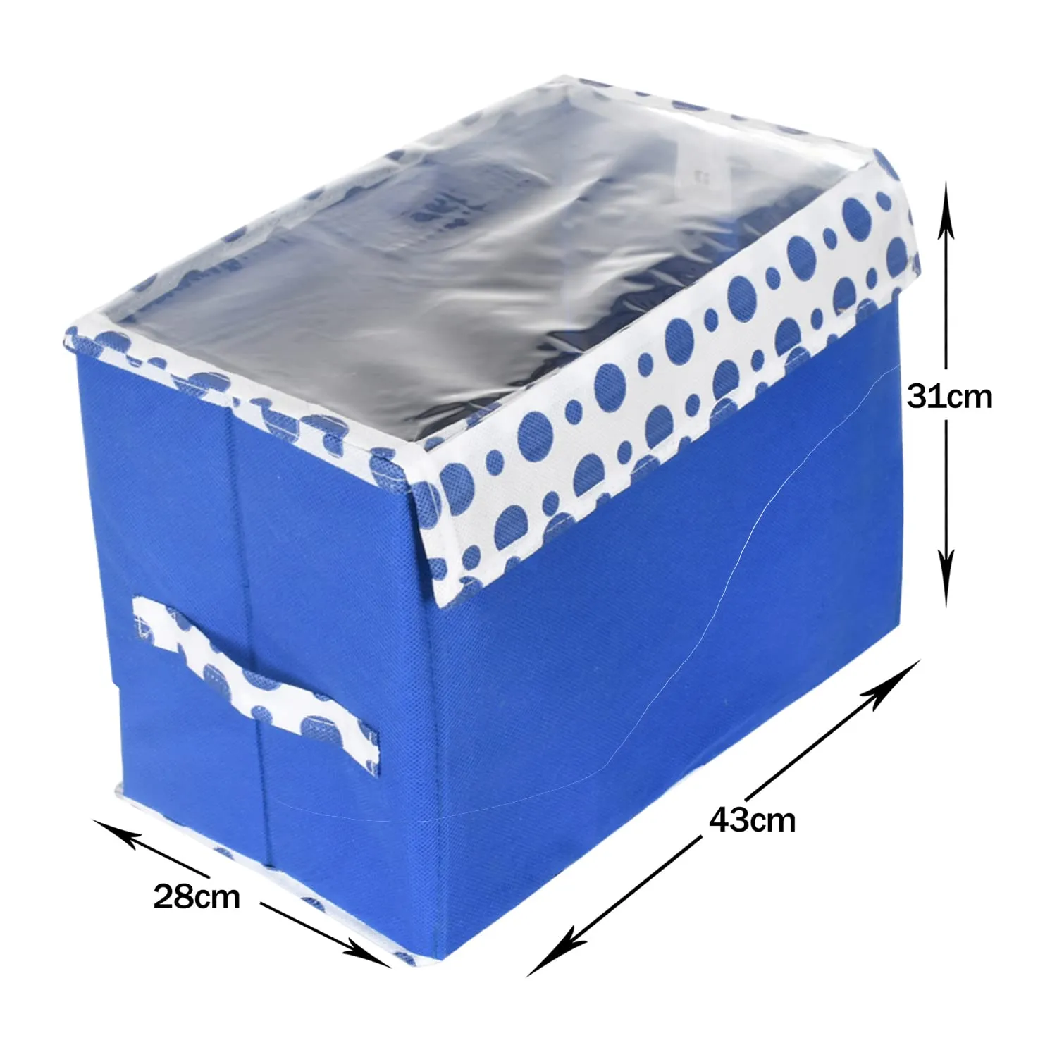 Heart Home Storage Box|Non-Woven Dot Print Foldable Storage Box|Large Wardrobe Organizer for Toys|Cloths with Transparent Lid & Handle|Pack of 3 (Blue)