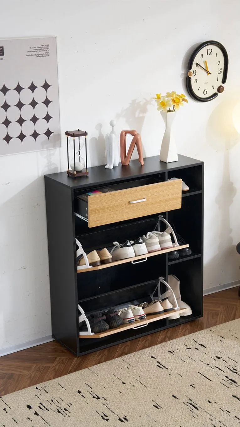 Heritage Black Oak Shoe Storage Cabinet Shoe Rack Organizer With Drawer