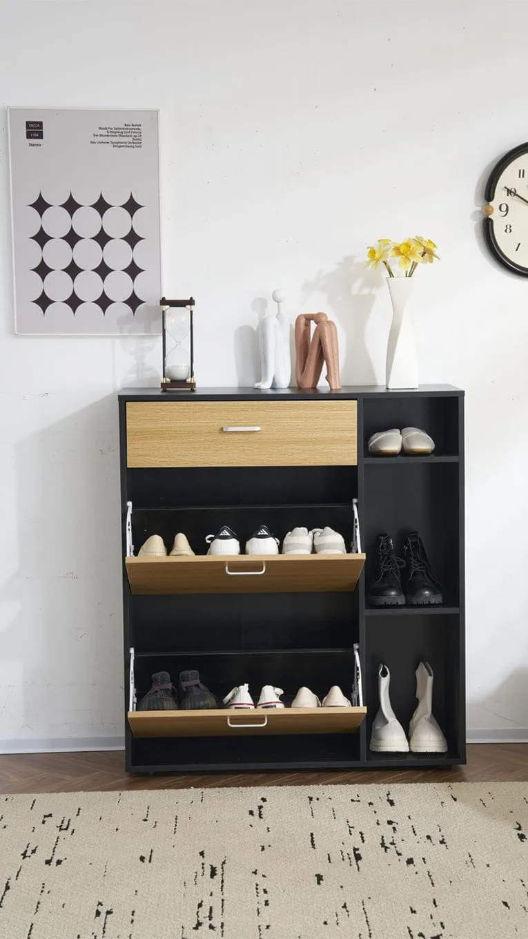 Heritage Black Oak Shoe Storage Cabinet Shoe Rack Organizer With Drawer