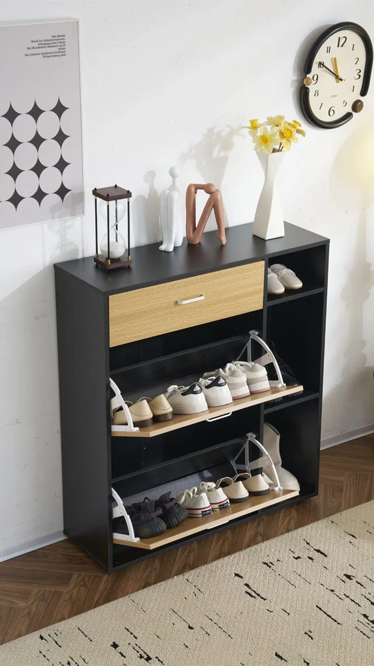 Heritage Black Oak Shoe Storage Cabinet Shoe Rack Organizer With Drawer