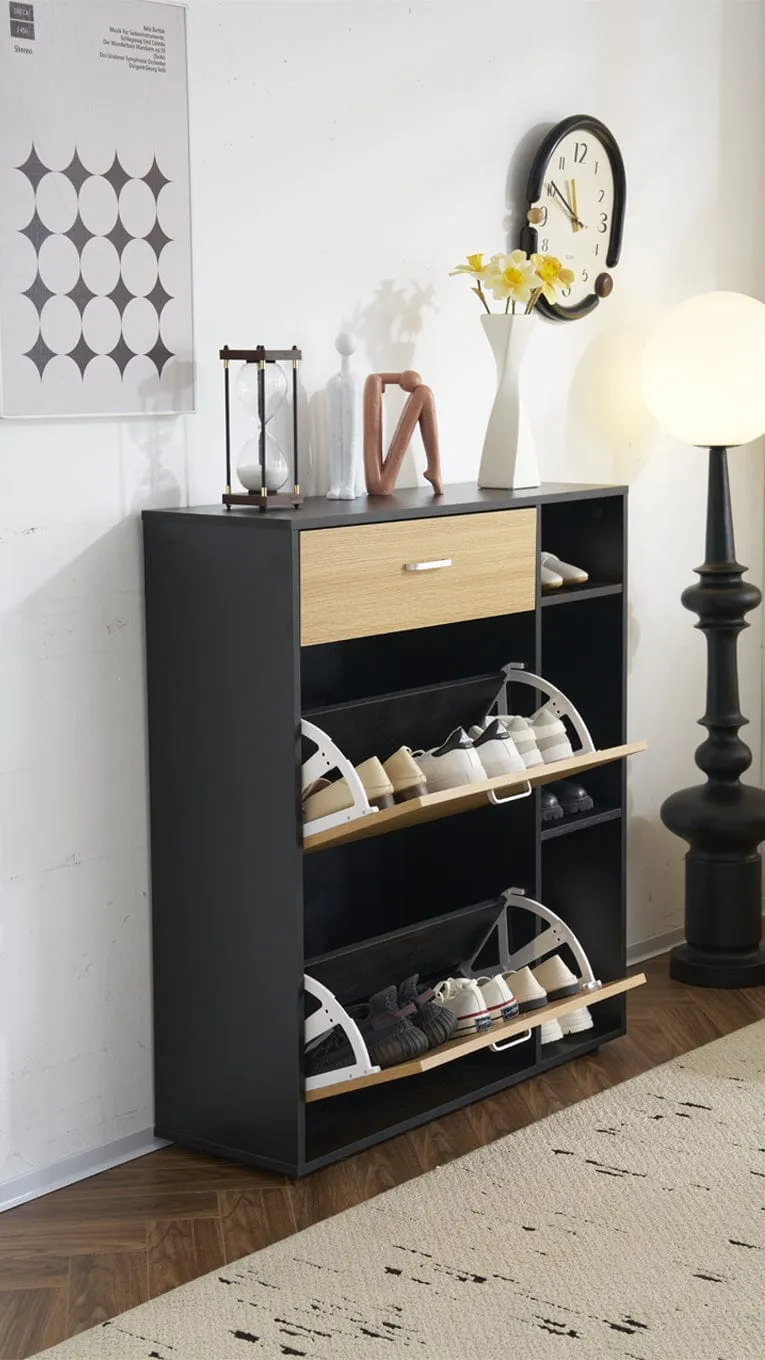 Heritage Black Oak Shoe Storage Cabinet Shoe Rack Organizer With Drawer