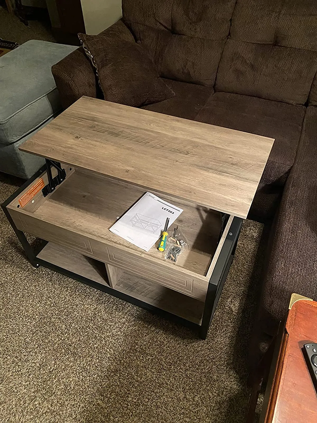 Lift Top Coffee Table, Living Room Table with Hidden and Open Storage Compartments, Steel Frame