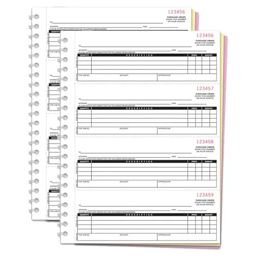 Purchase Order Books (Form NC-124-2) - 2-Part White, Canary Carbonless Paper - 4 Orders/Page (2-3/4" x 7-1/2" Each) - 8.5" x 11" Heavy Duty Coil Bound Books