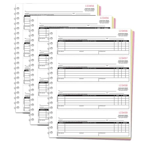 Purchase Order Books (Form NC-124-2) - 2-Part White, Canary Carbonless Paper - 4 Orders/Page (2-3/4" x 7-1/2" Each) - 8.5" x 11" Heavy Duty Coil Bound Books