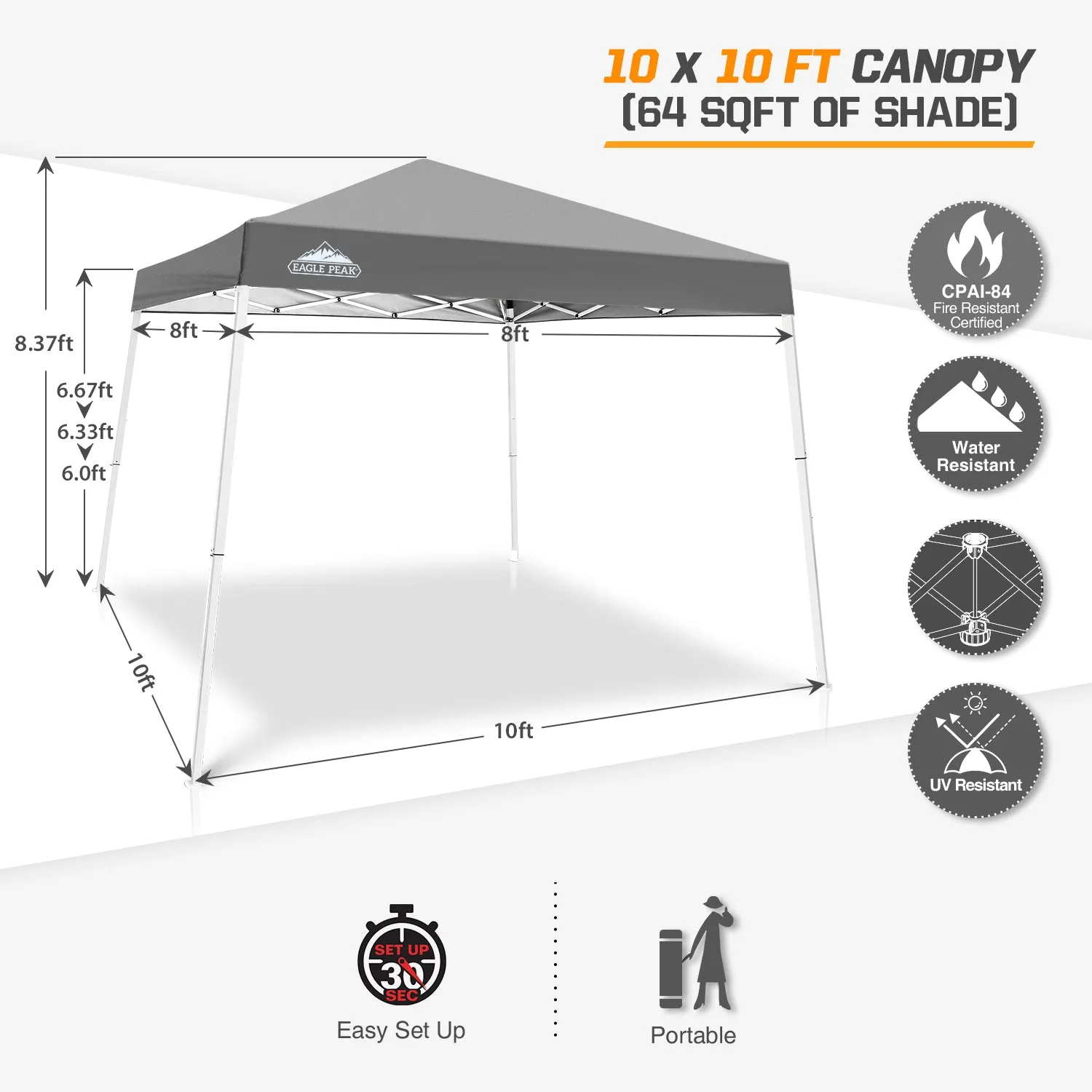Slant Leg Pop up Canopy Tent, 10x10 Base 8x8 Top