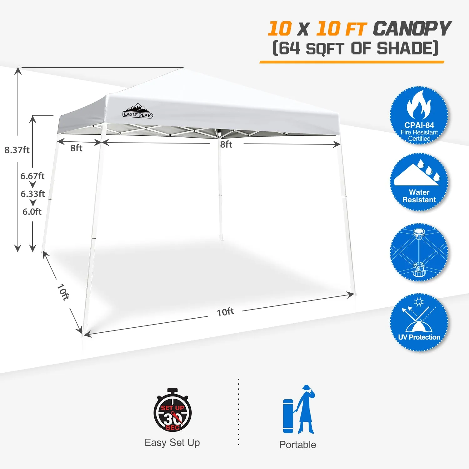 Slant Leg Pop up Canopy Tent, 10x10 Base 8x8 Top