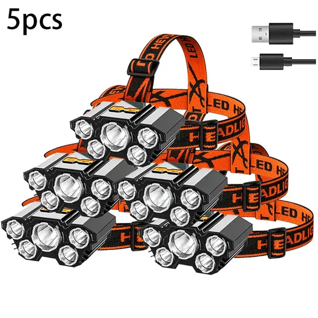 Super Bright 5 LED Strong Headlight Built-in 18650 Battery USB Rechargeable Head-Mounted Flashlight For Outdoor Camping Fishing