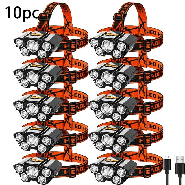 Super Bright 5 LED Strong Headlight Built-in 18650 Battery USB Rechargeable Head-Mounted Flashlight For Outdoor Camping Fishing
