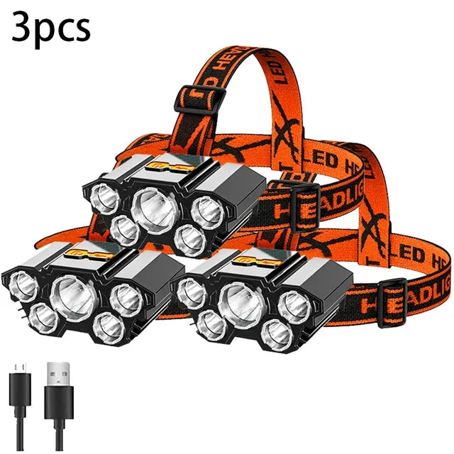 Super Bright 5 LED Strong Headlight Built-in 18650 Battery USB Rechargeable Head-Mounted Flashlight For Outdoor Camping Fishing