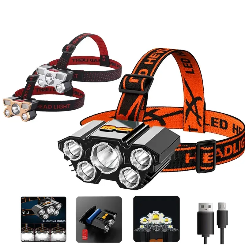 Super Bright 5 LED Strong Headlight Built-in 18650 Battery USB Rechargeable Head-Mounted Flashlight For Outdoor Camping Fishing