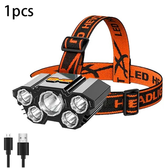 Super Bright 5 LED Strong Headlight Built-in 18650 Battery USB Rechargeable Head-Mounted Flashlight For Outdoor Camping Fishing