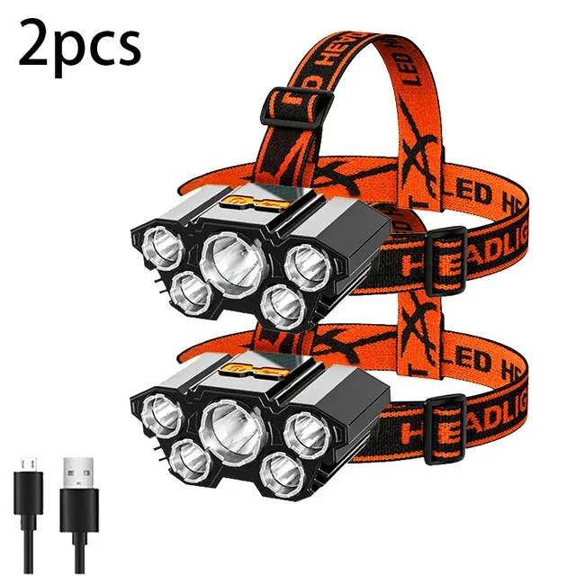 Super Bright 5 LED Strong Headlight Built-in 18650 Battery USB Rechargeable Head-Mounted Flashlight For Outdoor Camping Fishing